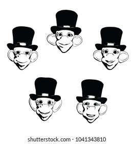 A set of five vector illustrations of a monkey in a top hat.  Each one has its own  expression,  mix and match  them  for your purposes. Single color black. 