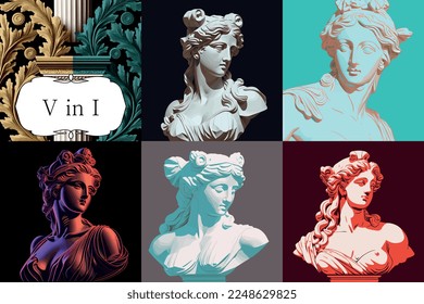 A set of five vector images of a plaster bust of the goddess of beauty Aphrodite. Pseudo 3d statue of a young girl. Drawn art objects for poster