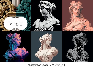 A set of five vector pictures of a sculpture of the goddess of beauty Aphrodite. Pseudo 3d statue of a young female. Drawn art objects for poster