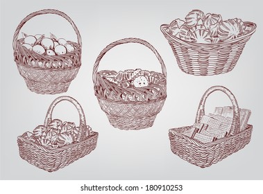 Set of five vector sketches depicting baskets of sweets and fruits