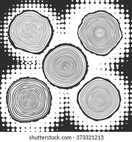 Set of five vector tree rings background and saw cut tree trunk. Conceptual graphics. Isolated on white