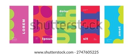 Set of five vertical banners with colorful abstract geometric shapes and bold typography for modern mobile application and social media