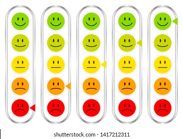 Set Of Five Vertical Barometer With Faces Showing Mood Color And Silver