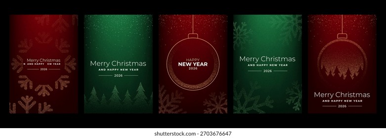 Set of five vertical festive christmas and New Year 2026 greeting cards with winter holiday ornament abstract dot design for celebration