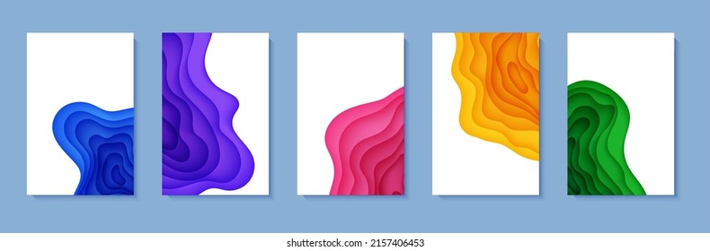 Set of five vertical flyers in cut paper style. Blue, green, yellow violet purple and pink template for posters, brochures, presentations, invitations with place for text . Collection of vector cards.