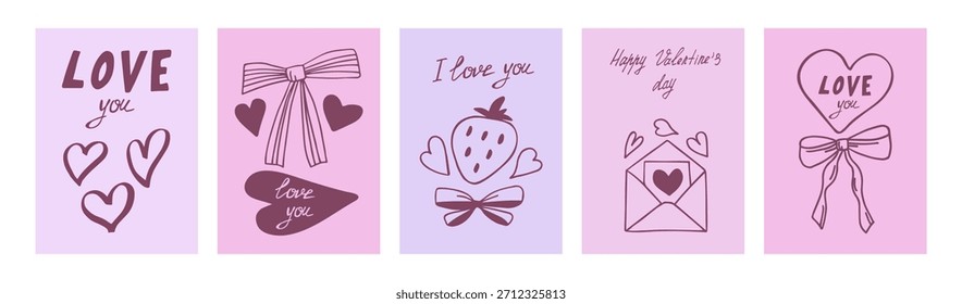 A set of five vertical love cards for Valentine's Day, anniversaries, weddings, or romantic gifts. Cute doodle-style design for social media stories. Vector.