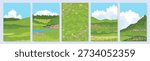 A set of five vertical summer landscapes featuring green hills, meadows, flowers, and blue skies. Nature-themed illustrations for spring or summer designs. Vector.