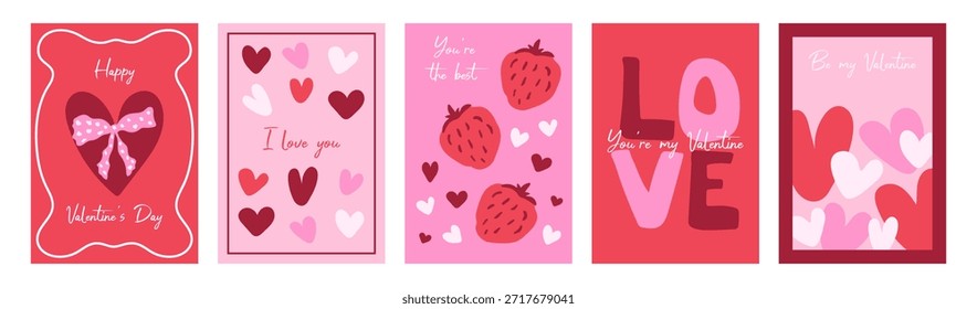 Un conjunto de cinco tarjetas de felicitación de San Valentín de Vertical con corazones, arcos, fresas y mensajes de texto para celebrar la ocasión. Vector.