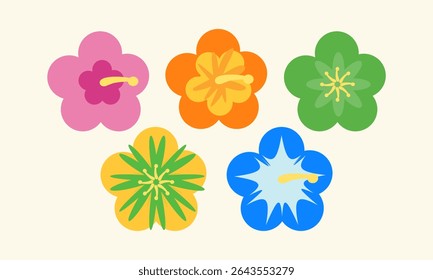 Set of five vibrant hibiscus flower illustrations in pink, orange, yellow, green, and blue perfect for tropical, summer, or nature themed designs.