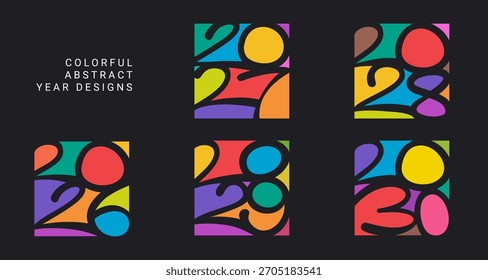 Un conjunto de cinco Ilustraciones vectoriales abstractas vibrantes y modernas que presentan los años 2026, 2027, 2028, 2029 y 2030.