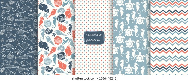 Set of five vintage seamless colorful patterns in marine style. Hand drawn. Vector illustration can be used for ceramic tile, wallpaper, textile, invitation, greeting card, web page background