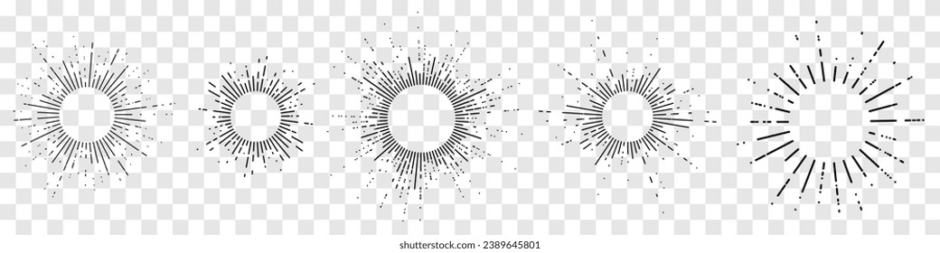 Set of five vintage sunburst, sun rays, sunbeams, vector design elements for your design