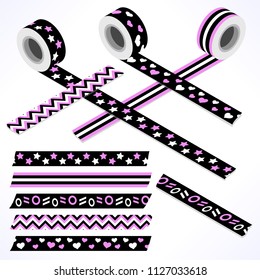 Set of five washi tapes; black, pink and white with hearts, stars, dots and lines (plain top view and isometric view with rolls)