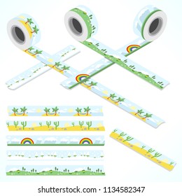 Set of five washi tapes: caribbean island, rainbow and rainy clouds, snow landscape, blooming meadow and desert with cactus (plain top view and isometric view with rolls)
