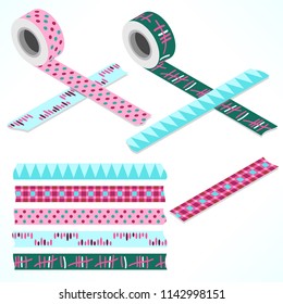 Set of five washi tapes; green, blue and pink tones with spikes, dots and lines (plain top view and isometric view with rolls)