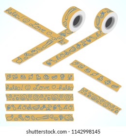 Set of five washi tapes; pen doodle drawings on packaging paper of fruit, vegetables, oraments and various items (plain top view and isometric view with rolls)