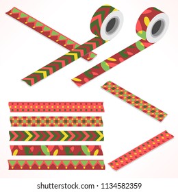 Set of five washi tapes; red, green and yellow with dots, ornaments, checked patttern and lines (plain top view and isometric view with rolls)