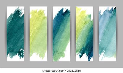 Set of five watercolor banners. Vector illustration.