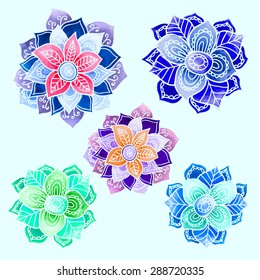Set of five Watercolor Mandalas. vector background. 