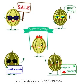 A set of five watermelon Smiley in cartoon style. With different plates and glasses. Flat, vector.