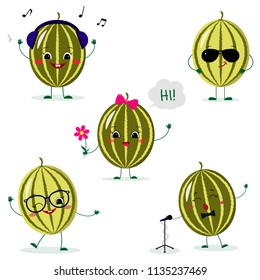 A set of five watermelon Smiley in a cartoon style. In headphones, in sunglasses, dancing in glasses , with a flower, singing into the microphone. Flat, vector.