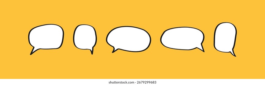 A set of five white hand-drawn speech bubbles with a bold, black outline on a vibrant yellow background. The bubbles have different shapes, perfect for comics and dialogue themes