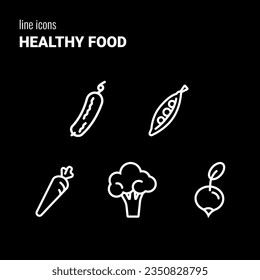 Conjunto de cinco contornos blancos Iconos de alimentos saludables, símbolos vegetales, pictogramas vectoriales, logotipos, dibujos de contorno, pepino, arvejas, zanahoria, brócoli y rábano.