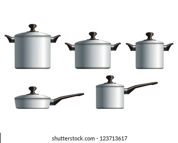 Set of five white painted cooking pots. Eps10