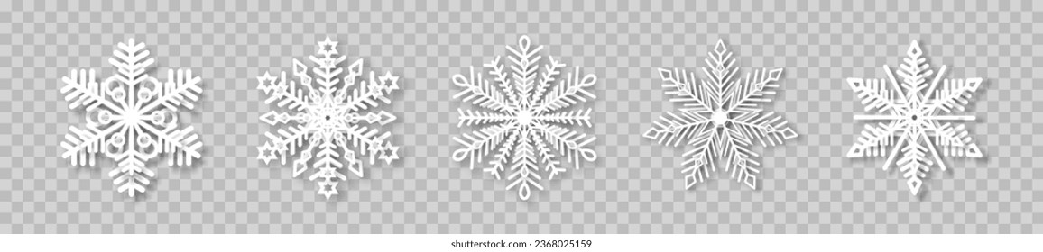 A set of five white snowflakes on a transparent background. The element of Christmas and New Year. The symbol of winter. Vector illustration.