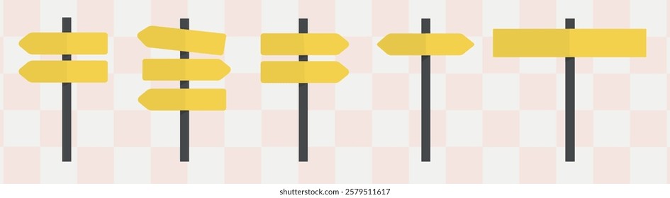 Set of five yellow directional signs. Yellow signs on poles. Directional signs in various shapes. Yellow directional signs for guidance. Isolated illustration elements, vector set.