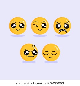 Set of five yellow emoji faces showing different emotions. Emoticon collection for mood expression vector illustration.