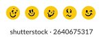 Set of five yellow emojis displaying different facial expressions. Each emoji conveys a unique emotion with black features on a white background. Ideal for social media use.