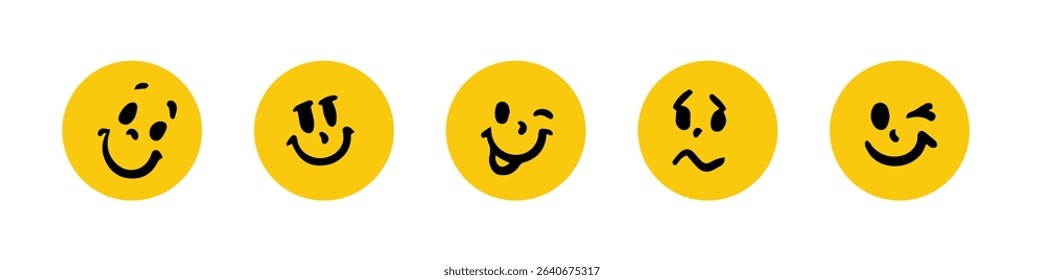 Set of five yellow emojis displaying different facial expressions. Each emoji conveys a unique emotion with black features on a white background. Ideal for social media use.