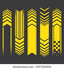 Set of five yellow racing decals. Sport car race linear sticker designs with halftone elements