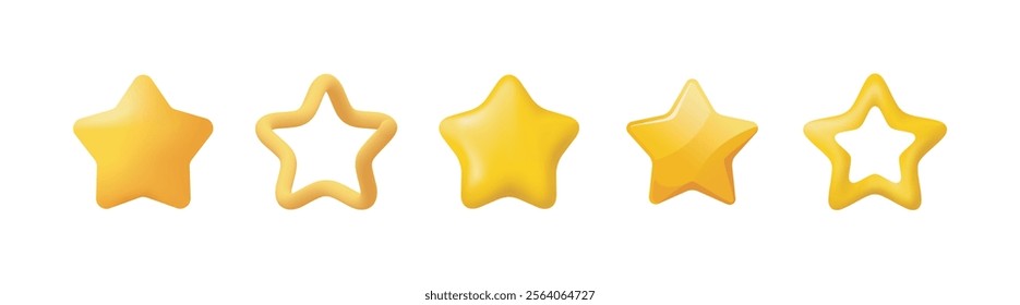 Set of five yellow stars in different styles, including filled and outlined, with a gradient effect. Vector illustration on a white background for ratings, design, or decoration