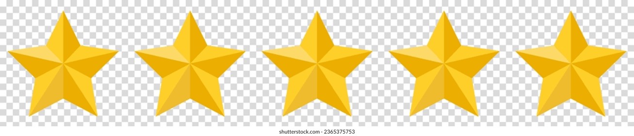 Set of five yellow stars icons. Five stars customer product rating. Vector illustration isolated on transparent background