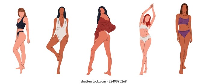 Conjunto de cinco jóvenes bellas mujeres delgadas en ropa interior en pleno crecimiento posando un fondo aislado. Vector