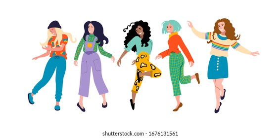 Conjunto de cinco jóvenes bailarinas. Gente feliz dibujando al estilo plano.Día Internacional de la Mujer. Ilustración vectorial aislada en blanco. 