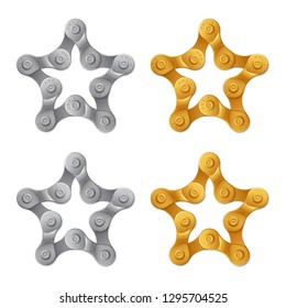 Set of five-pointed gray and gold golden vector star, made from bicycle chain, isolated on white background
