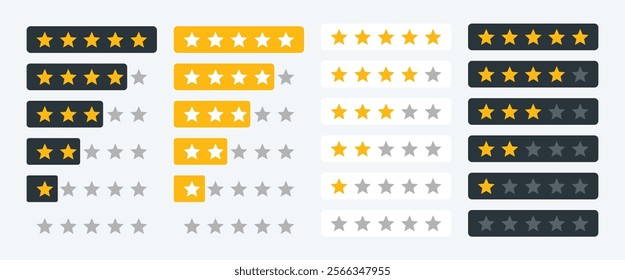 A set of five-star rating icons, ideal for customer reviews or feedback. Includes gold five stars, half stars, and a white background. These star ratings are perfect for apps, websites