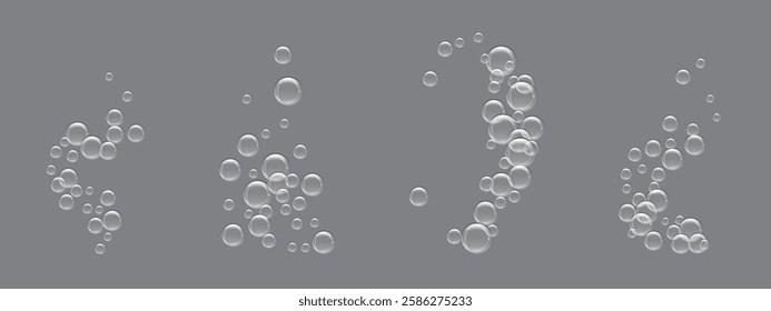 Set of fizzing soda bubbles, carbonated drink, champagne, beer, water isolated on dark background. Fizzy drink. Underwater air. Soap foam. Gas bubble. Vector illustration