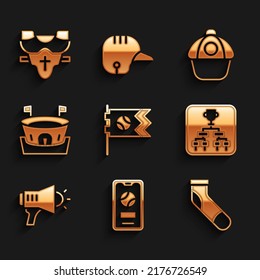 Set Flag with baseball ball, Mobile, Baseball sock, Championship tournament bracket, Megaphone, arena, cap and Player chest protector icon. Vector