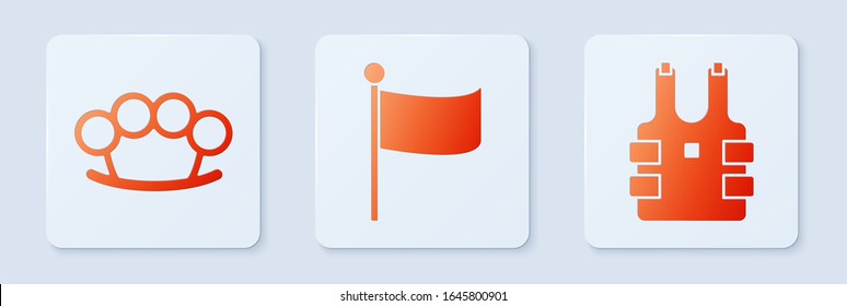 Set Flag , Brass knuckles  and Bulletproof vest for protection from bullets . White square button. Vector