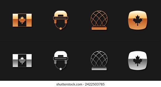Set Flag of Canada, Hockey helmet, Montreal Biosphere and Canadian maple leaf icon. Vector