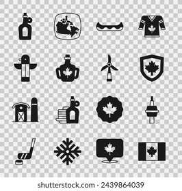 Set Flag of Canada, TV CN Tower in Toronto, flag shield, Kayak, Bottle maple syrup, Canadian totem pole,  and Wind turbine icon. Vector