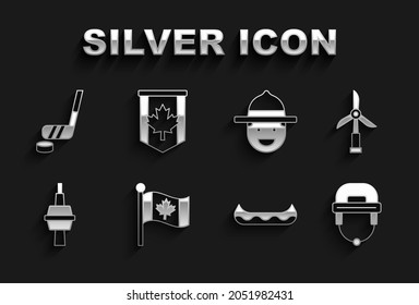 Set Flag of Canada, Wind turbine, Hockey helmet, Kayak, TV CN Tower Toronto, Canadian ranger hat, Ice hockey stick and puck and Pennant flag icon. Vector