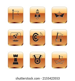 Set Flag, Chess, Medal, Target, Rocket ship, Folded paper boat,  and  icon. Vector