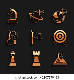 Set Flag, Chess, Mountains with flag, Target, Hand holding, Planet and  icon. Vector