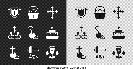 Set Flag with christian cross, Basket easter eggs, Christian, Crucifixion of Jesus, chalice, Priest and Magic staff icon. Vector
