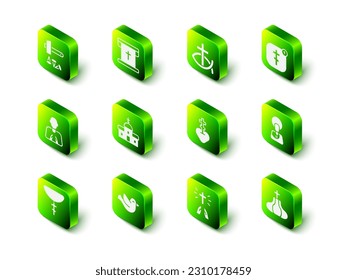 Set Flag with christian cross, Christian fish, Online church pastor preaching, Jesus, Church tower, Religious heart, Hands praying position and Dove icon. Vector